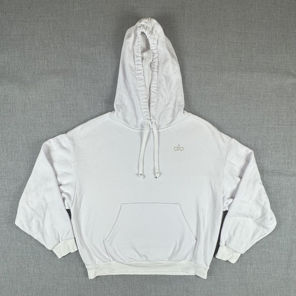 Alo Cropped Hoodie Womens Large White Fleece Kangaroo Pocket Pullover Sweatshirt - Picture 1 of 9